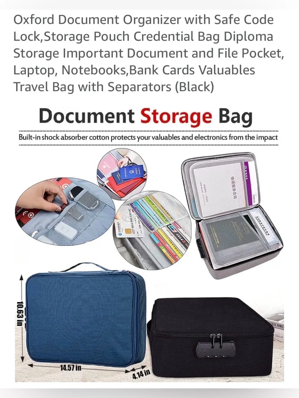 Document Storage Organizer Bag with Safe Code Lock - Black